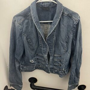 New York & Company Distressed Blue Cropped Denim Jean Jacket Blazer Collar